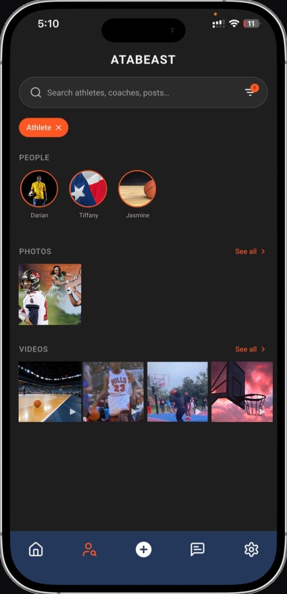 ATABEAST search screen with athletes, photos, and videos